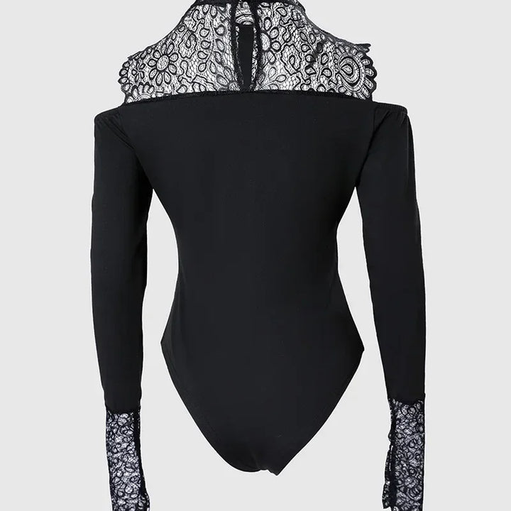 Contrast Lace Long Sleeve Cold Shoulder Bodysuit Women Top Romper Solid Color Fashion Sexy Slim Skinny Bodysuits