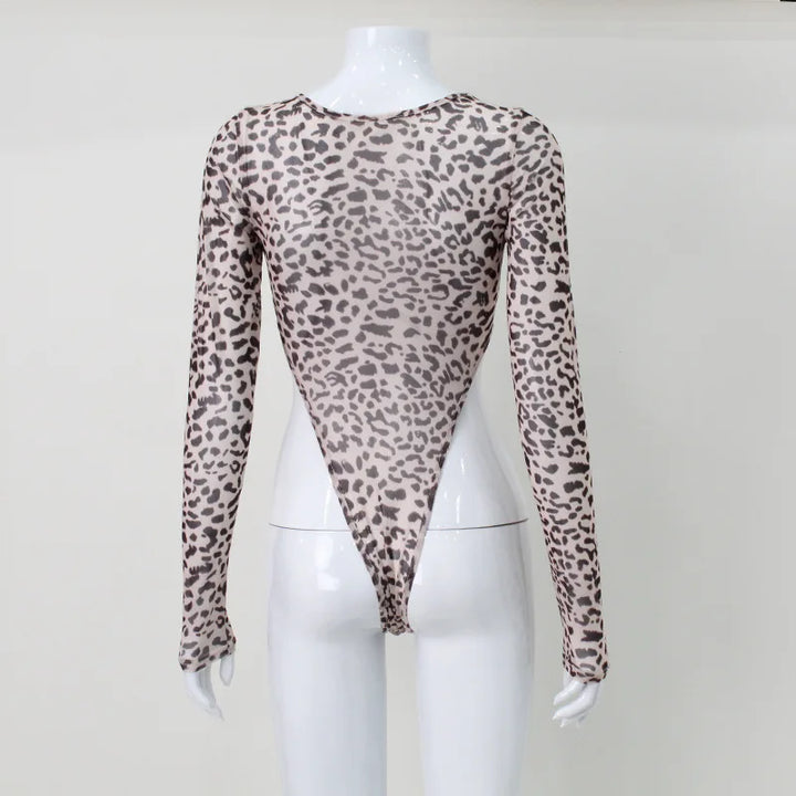Leopard Sexy High Waist Women Bodysuit Mesh Transparent Wild Stretchy Thong Body T-Shirt Street Evening Clothing Hot