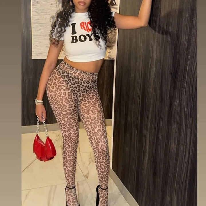 HLJ&GG Fashion Y2K Letter Printing Crop Top Two Piece Sets Women Round Neck Short Sleeve Tshirts And Leopard Pants Outfits 2025