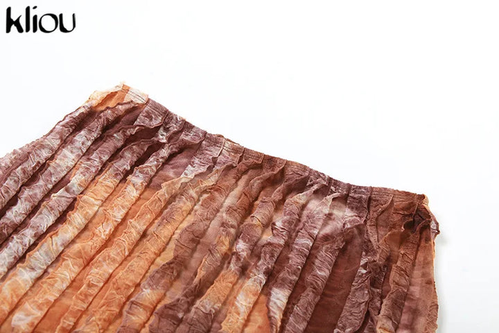 kliou Stacked Ruched 2 Piece Set Women Solid Halter Bandage Irregulary Camis+Tie Dye Vintage Mini Skirts Female Sexy Attirewear