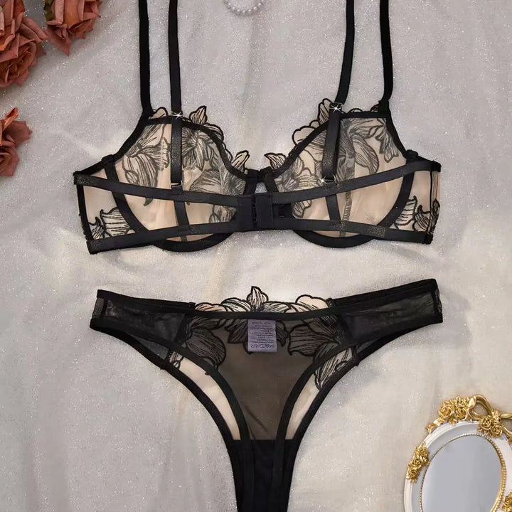 Elegant Black Sexy Nighty Underwire Bra Underwear Set Party Club Night Women Chef Ultrathin Underwear set