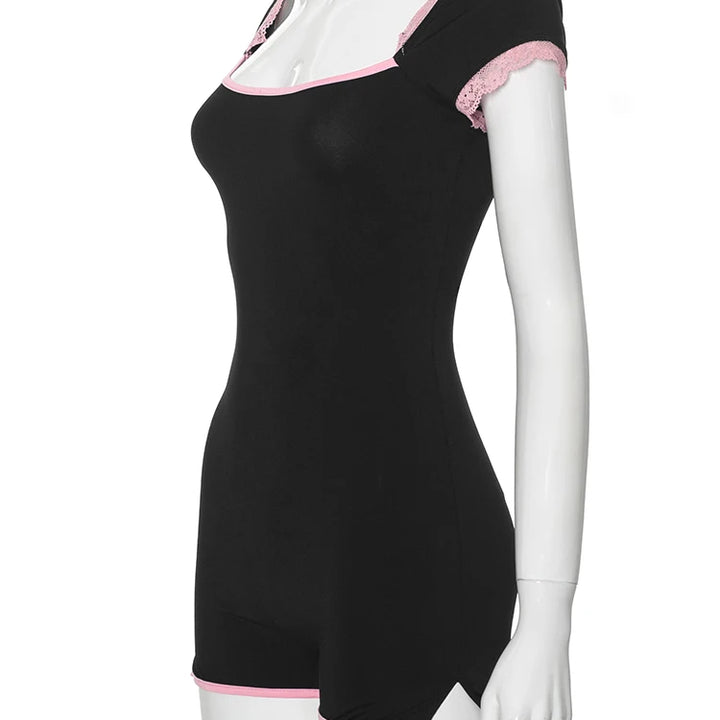 kliou Classic Patchwork Women Playsuits Casual Fashion Lace Trim Square Neck Short Sleeve Stretch Rompers Girls Daily Streetwear