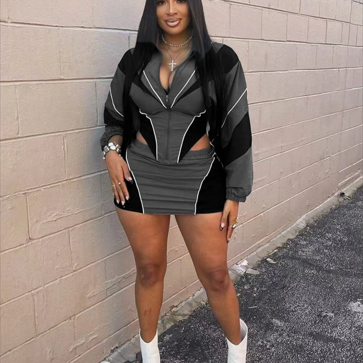 FLARORA Fashion Patchwork 2Pcs Sets Woman Long Sleeve Zipper Irregular Crop Jacket And Skinny Mini Skirts Streetwear Outfits New