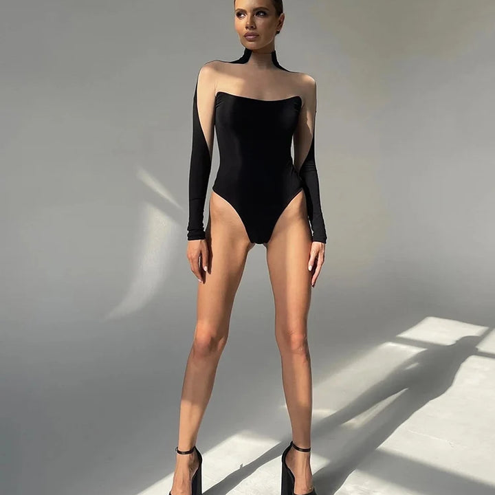 Huhugirl Mesh See Through Skinny Sexy Bodysuits Women Fashion Patchwork Long Sleeve Sheath Rompers Female Jumpsuits Tops Tees