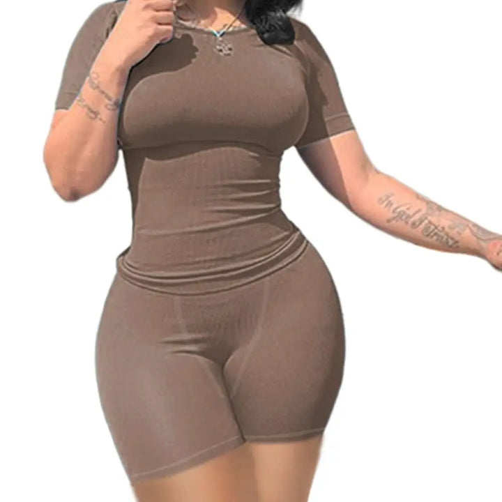 Lounge Wear Ribbed Casual 2 Piece Summer Shorts Set For Somen Short Sleeve Top+Elastic outfits