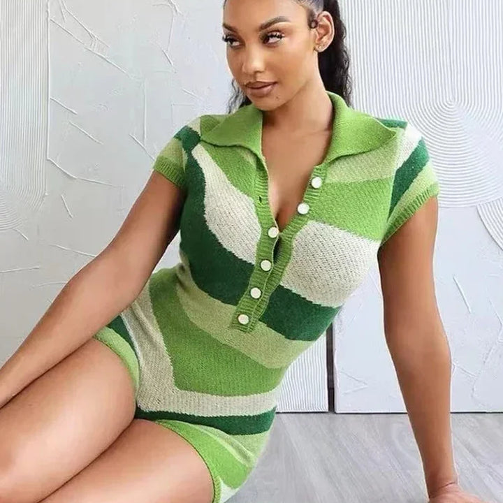 Laxsesu Irregular Contrast Romper Women Knit Stretch Polo Neck Single-Breasted Shorts Sleeve Skinny Slim Playsuits Streetwear