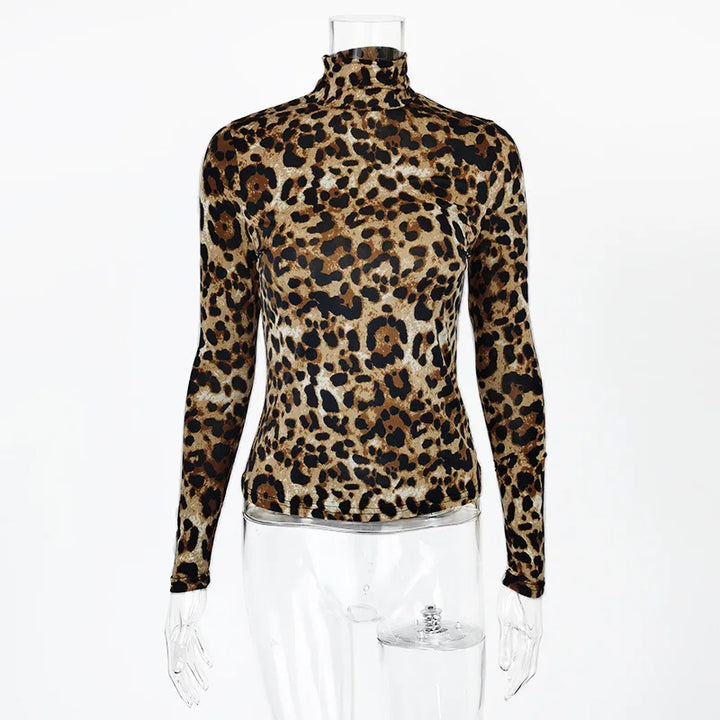 Women Long-sleeved Leopard Print Crops Tops INS New Fashion Casual Slim T-shirts Ladies Turtleneck Pullover Ice Silk Top Tees
