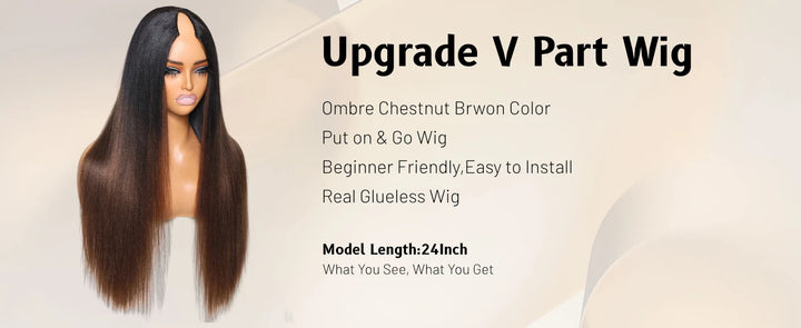 UNice Hair Ombre Brown Yaki Straight V Part Wig 100% Human Hair Upgrade U Part Wig Easy Blend Super Natural Human Hair Wigs