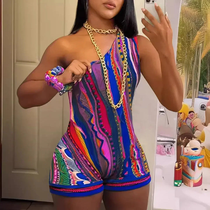 Hot Design Summer Casual Slim Print Bodycon Jumpsuit Shorts Ladies Sexy Cute Rompers Femme