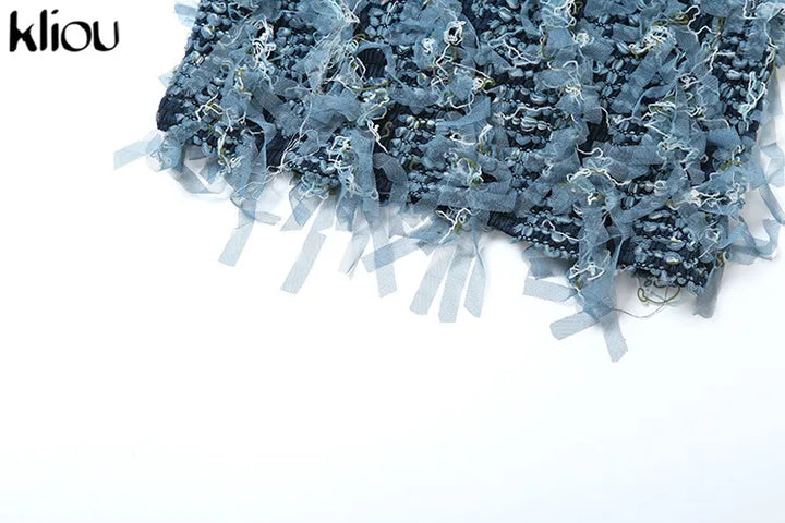 kliou Stacked Crochet 2 Piece Set Women Panelled Patchwork Wrapped Chest Crop Tanks+Sheer Slim Mini Skirts Female Street Outfits