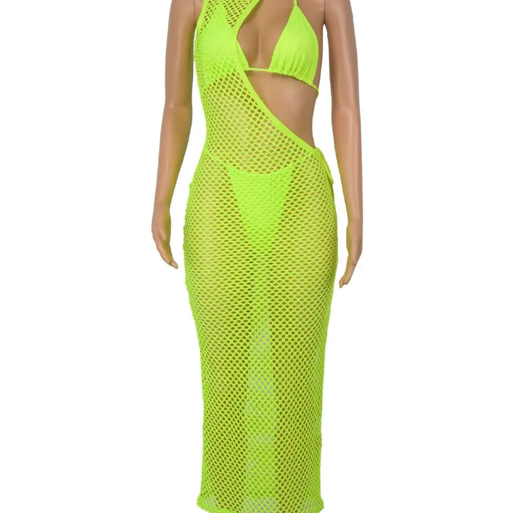 New Women's Classic Clothes Sexy 3 Piece Set Sexy Fishing Net Halter One Shoulder Dress and Bikini Set Beach Dress