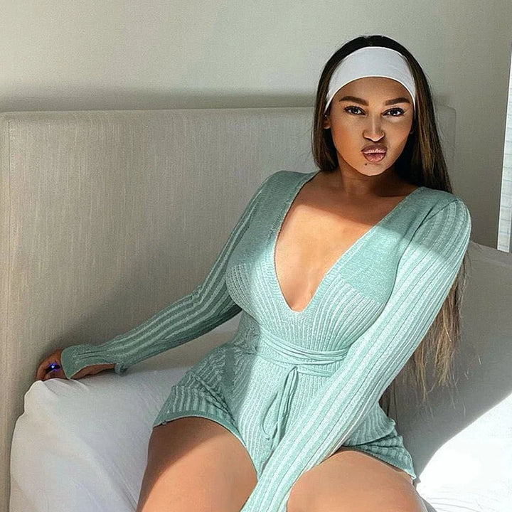 Weird Puss Crochet Bandage Playsuits Women Low-Neck Contrast Striped Patchwork Long Sleeve Autumn Trend Vacation Skinny Romper