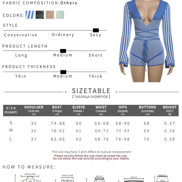 Nibber Crochet Bandage Playsuits Women Low-Neck Contrast Striped Patchwork Long Sleeve Autumn Fit Trend Vacation Skinny Romper