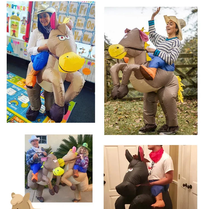 Adult Children Western Cowboy Riding Inflatable Costume Little Grey Horse Bull Riding Bar Halloween Show Out Dress