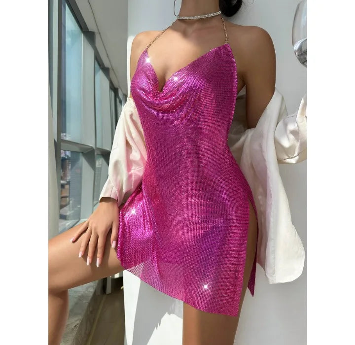 Summer Dress for Women 2024 Nightclub Backless Sequin Suspender V-neck Halter Neck Split Dresses Sleeveless Short Skirt Female