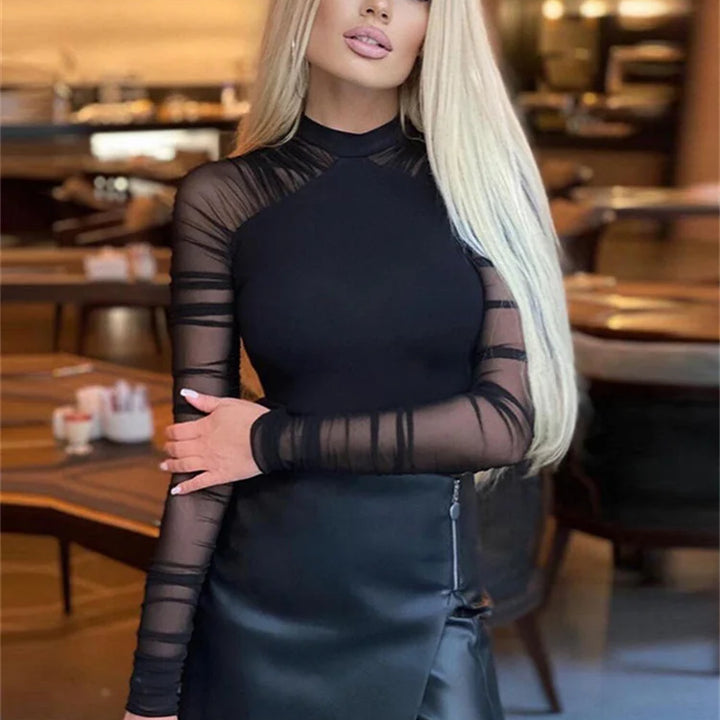 Weird Puss 2025 Mesh Patchwork Bodysuit Sexy Women Sleeve Ruched Skinny Turtleneck Bodycon Elegant Wild Tops Streetwear Outfits