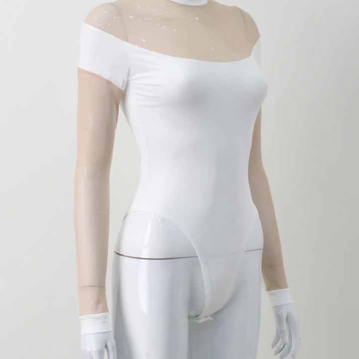 Huhugirl Mesh See Through Skinny Sexy Bodysuits Women Fashion Patchwork Long Sleeve Sheath Rompers Female Jumpsuits Tops Tees