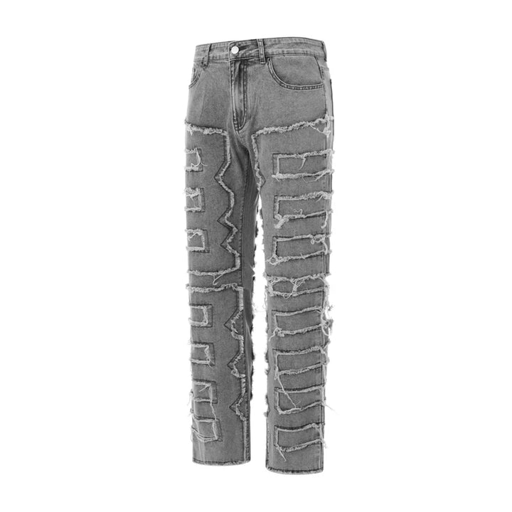 Men Skinny Pants Vintage Patch Frayed Denim Pants Spring Fall Casual Leggings Trousers with Pockets
