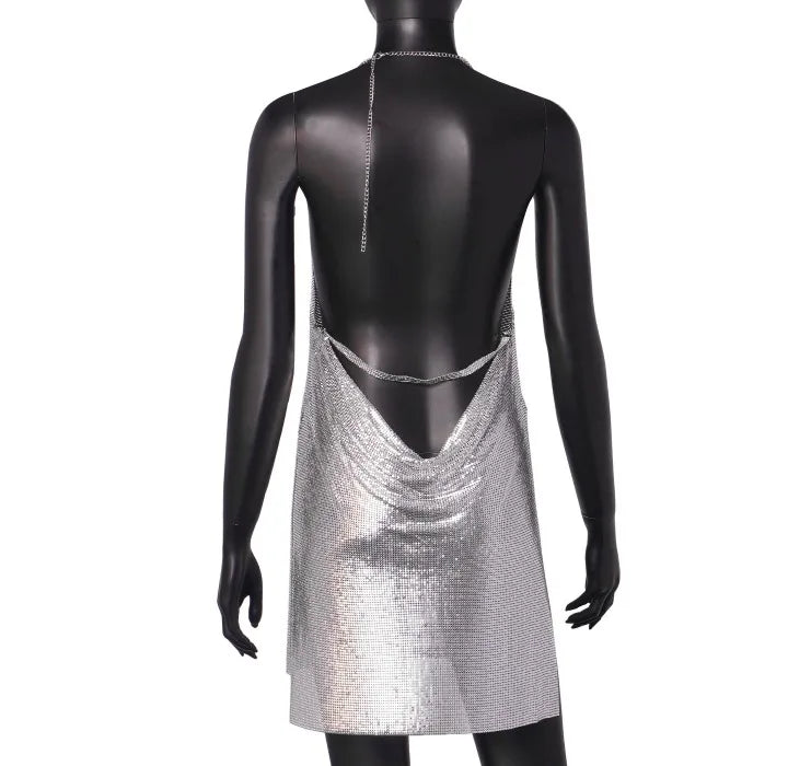 Summer Dress for Women 2024 Nightclub Backless Sequin Suspender V-neck Halter Neck Split Dresses Sleeveless Short Skirt Female