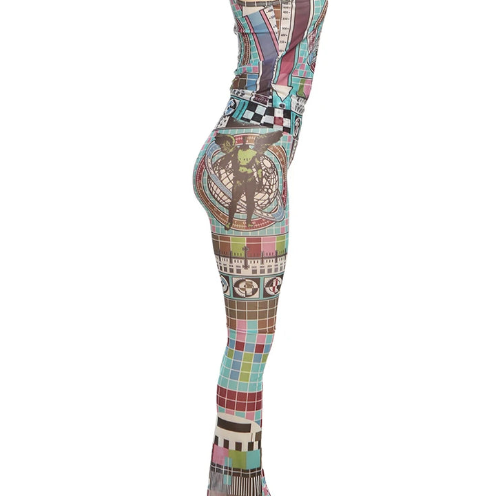 Weird Puss Aesthetic Print 2 Piece Set Women Sexy See Through Colorful Coquette Tank Tops+Pants Hipster Matching Clubwear Outfit