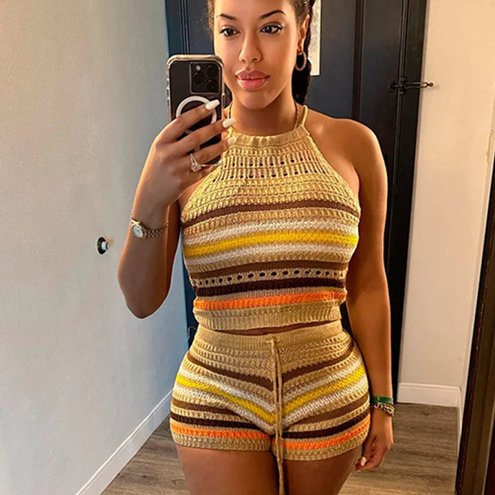 Wishyear Sexy Backless Halter Crop Top and Shorts Suit Two Piece Sets for Women Tracksuit Knitted Crochet Co Ord Summer Outfits