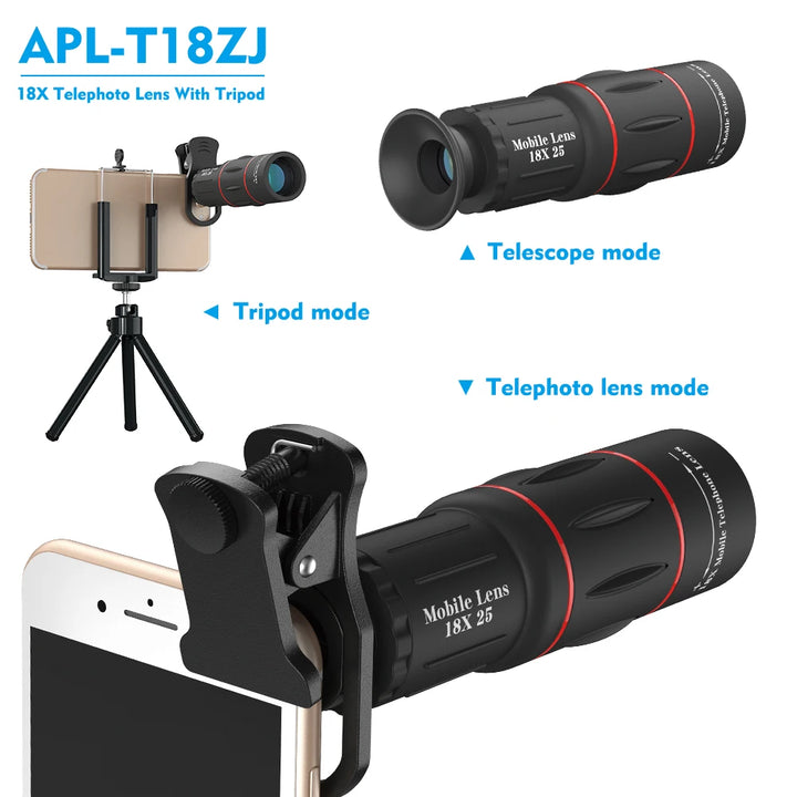 Mobile Phone Lenses 18X Telescope Monocular Zoom Camera Lens for IPhone 7 Samsung S8 with Tripod&Bluetooth Remote Control
