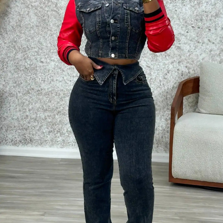 FAGADOER Retro Quality Denim Women 2 Piece Set Outfit Trendy Leather Denim Patchwork Crop Jacket And High Waist Jeans Suits New