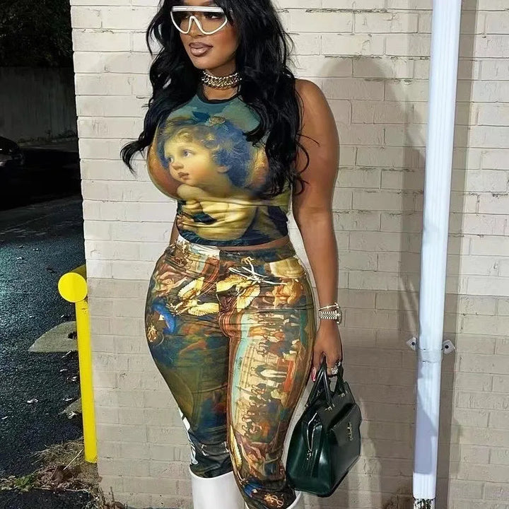 FAGADOER Fashion Print 2 Piece Sets Woman Outfit Oil Painting Sleeveless Crop Top and Pants Female Streetwear Summer Spring New