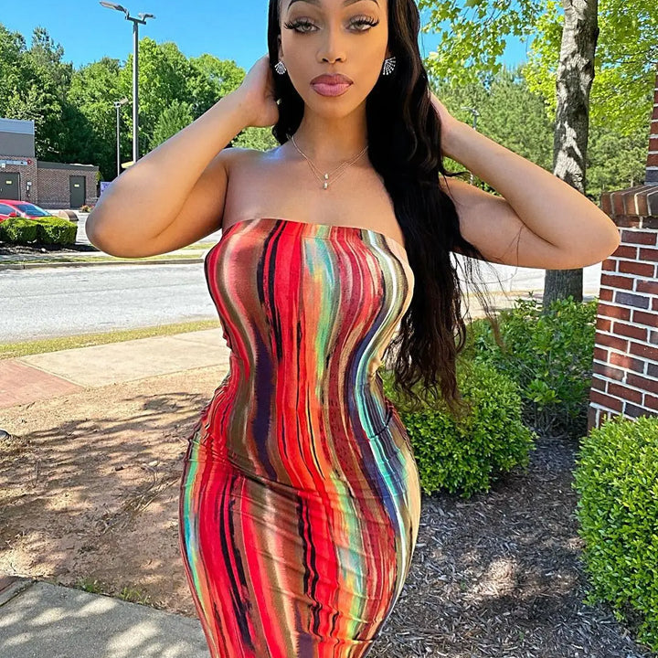 Spring/Summer Women's Colorful Tie Dye Print Off Shoulder Wrapped Chest Dress