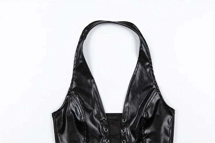 Sexy Crop Top Inside Women Black PU Leather Rope Strap Hollow Out Punk Style Tank Tops Vest Fashion Backless Club Party Wear