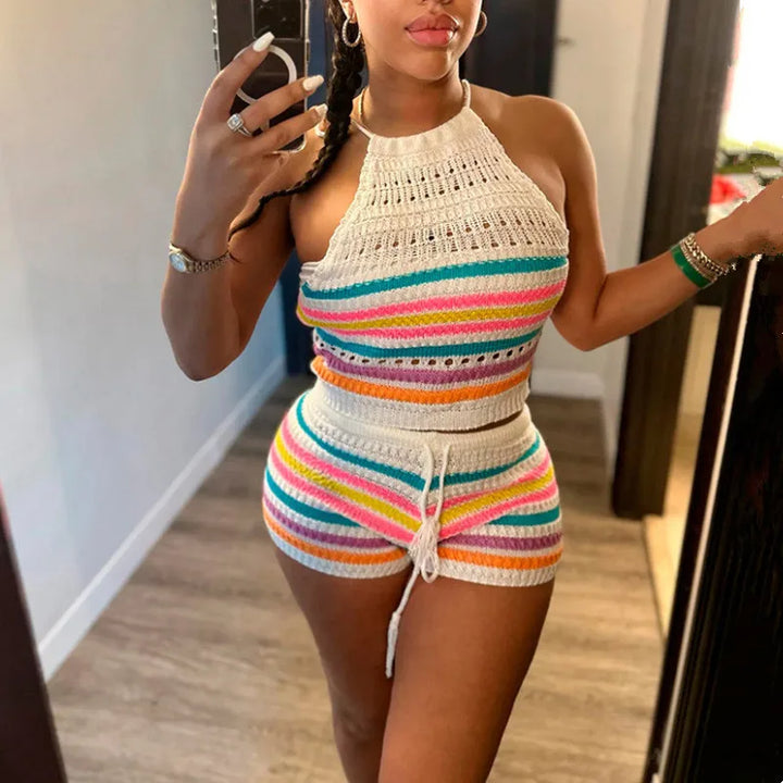2024 New Fashion Knitted 2 piece sets womens outfits Striped Hollow Out Sleeveless Top & Drawstring Shorts Set