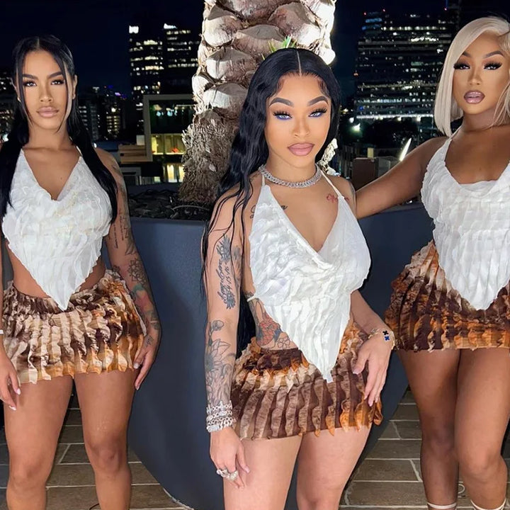 kliou Stacked Ruched 2 Piece Set Women Solid Halter Bandage Irregulary Camis+Tie Dye Vintage Mini Skirts Female Sexy Attirewear