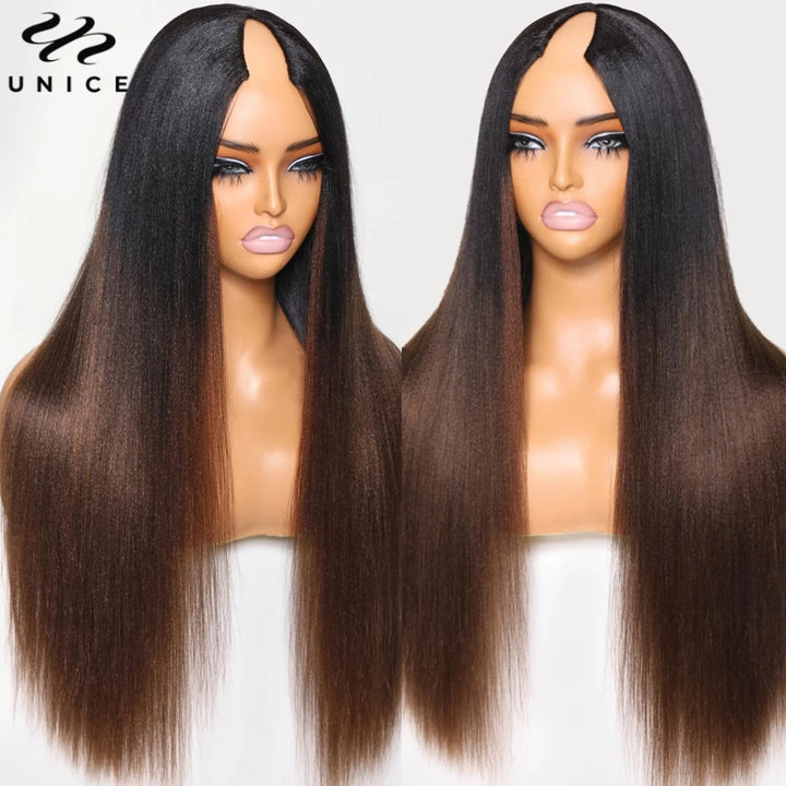 UNice Hair Ombre Brown Yaki Straight V Part Wig 100% Human Hair Upgrade U Part Wig Easy Blend Super Natural Human Hair Wigs