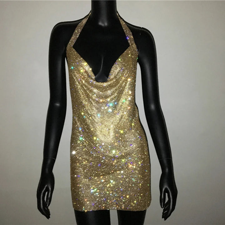 Bling Rhinestone Backless Dress Sexy Deep V Neck Sleeveless Side Split Halter Dress Nightclub Party Evening Dresses