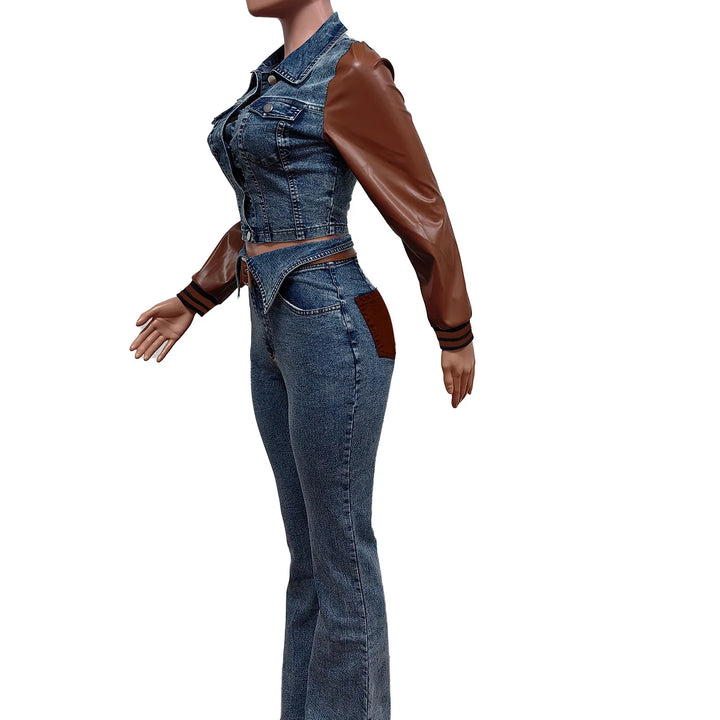 FAGADOER Retro Quality Denim Women 2 Piece Set Outfit Trendy Leather Denim Patchwork Crop Jacket And High Waist Jeans Suits New