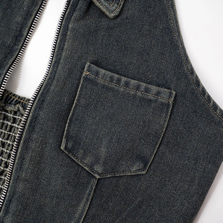 Sexy Blue Lapel Deep V Zipper Jumpsuit For Women Sleeveless Backless High Waist Hemmed Shorts Leisure Party Club Denim Jumpsuit