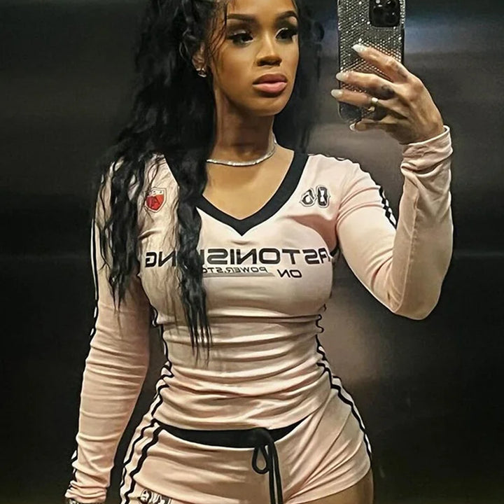 Nibber Women Tracksuit 2 Piece Set Stroke Tight Hipster Letter Print Sporty Casual Crop Tops+Shorts Vitality Matching Outfits