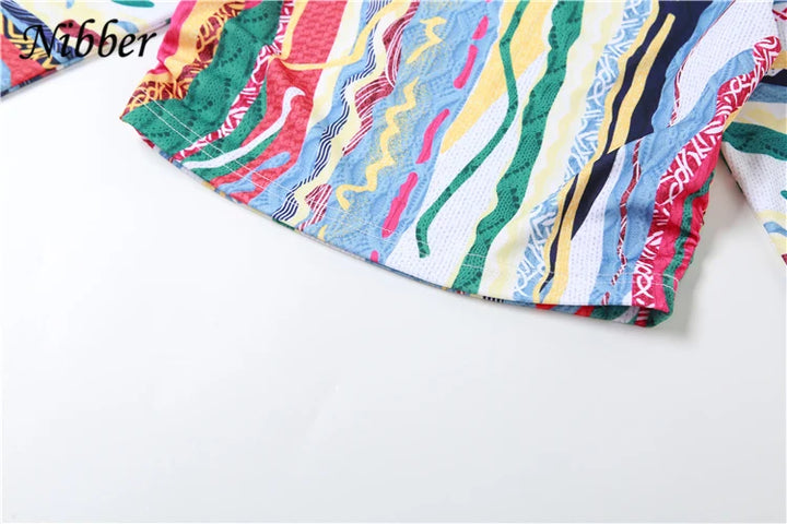 Nibber Colorful Printing Two Piece Set Women Autumn O-neck Full Sleeve Crop Tops + Matched Slim Shorts Female Outfit Street Suit