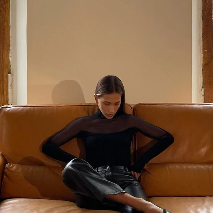 Huhugirl Mesh See Through Skinny Sexy Bodysuits Women Fashion Patchwork Long Sleeve Sheath Rompers Female Jumpsuits Tops Tees