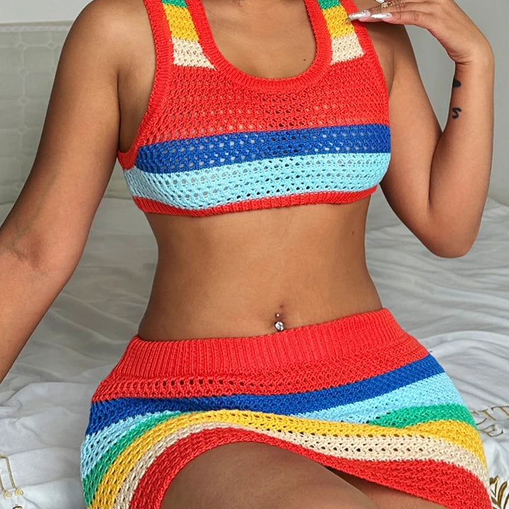Sisterlinda Colorful Knit Casual 2 Piece Set Women Sleeveless Skinny Stretch Midriff Tank Top+Mini Hip Skirt Matching Streetwear