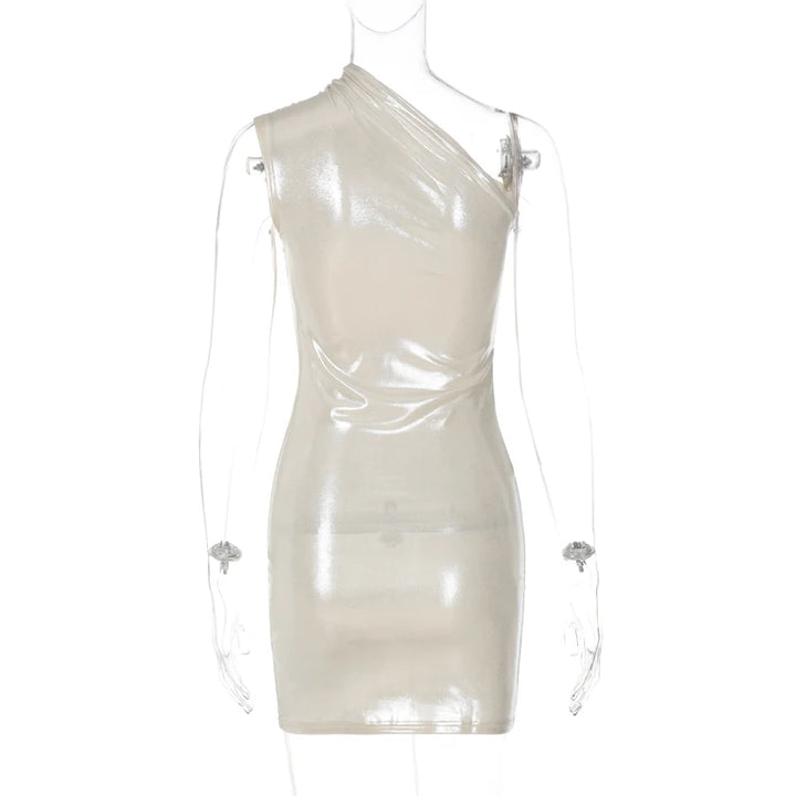 One Shoulder Metallic Mini Dress Night Club Black Bodycon Dress Sleeveless Tight Short Summer Dress Women 2023 Trendy