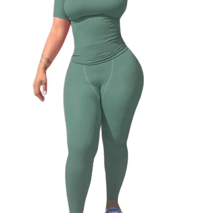 Lounge Wear Ribbed Casual 2 Piece Summer Shorts Set For Somen Short Sleeve Top+Elastic outfits