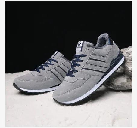 Autumn Men Sneakers Natural Pig Skin Material Male Trainers Outdoor Stylish Shoes Lace-up Flats Non-slip Rubber Sole Blue Grey