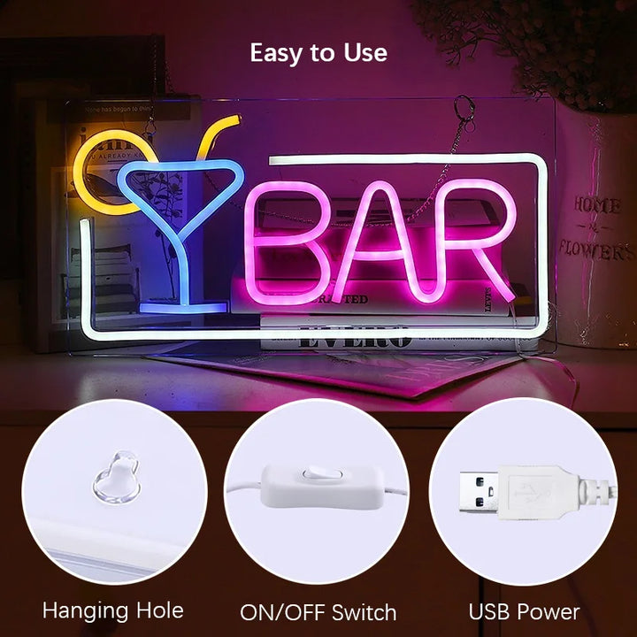 Bar Letter Neon Sign LED Light, Wall Lamp for Bar Party Night Club Man Cave Restaurant Festival Celebration Decoration Party