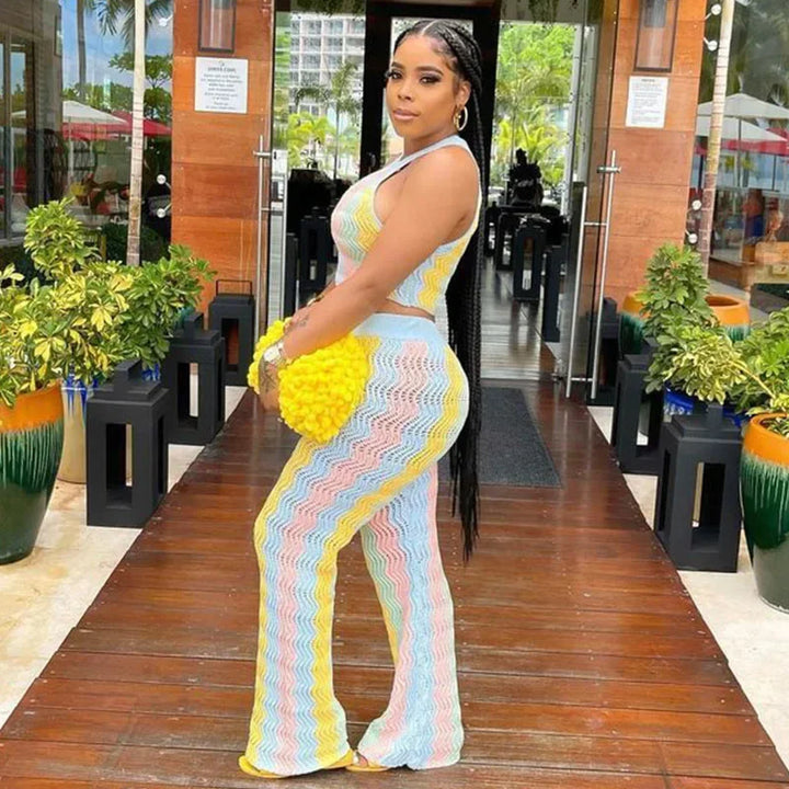 Knitted Striped 2 Piece Sets Women Outfit Summer Beach Vacation Sleeveless Crop Top and Flare Pants Matching Sets Club Party