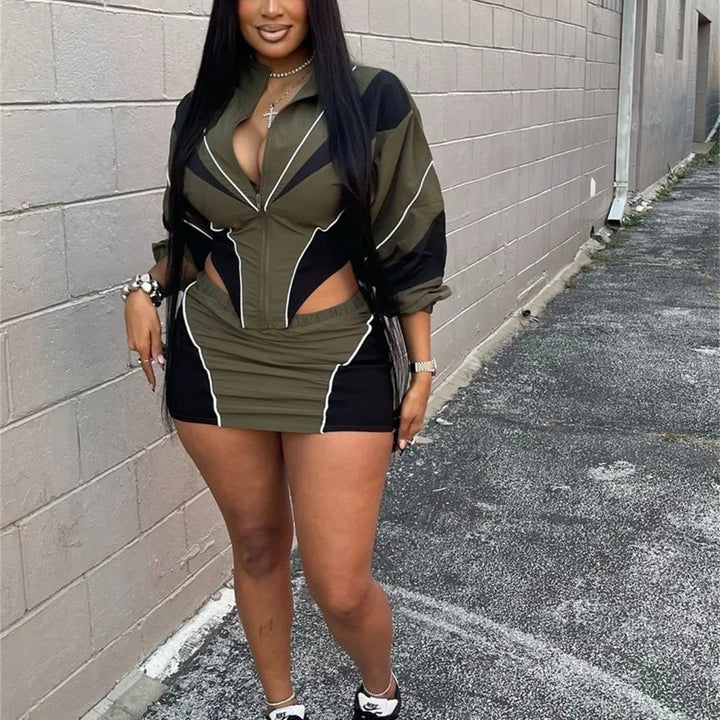 FLARORA Fashion Patchwork 2Pcs Sets Woman Long Sleeve Zipper Irregular Crop Jacket And Skinny Mini Skirts Streetwear Outfits New
