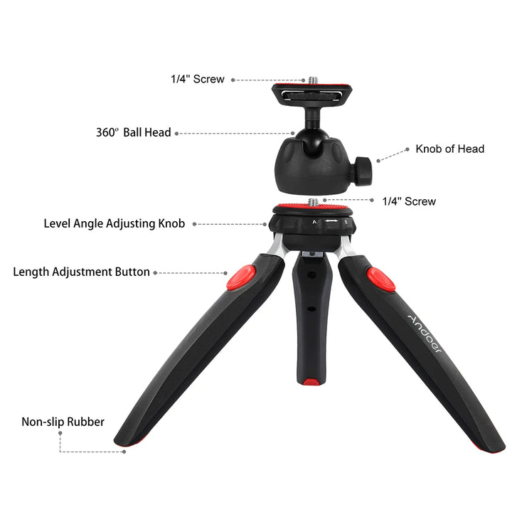 Andoer H20 Mini Tabletop Tripod Portable Foldable Phone Camera Tripod Stand with Removable Ball Head with 1/4 Inch Screw