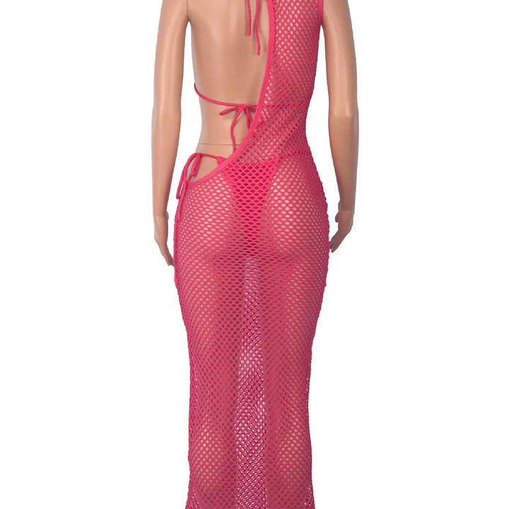 New Women's Classic Clothes Sexy 3 Piece Set Sexy Fishing Net Halter One Shoulder Dress and Bikini Set Beach Dress