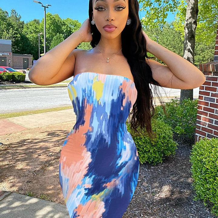 Spring And Summer Dresses For Women Chest Wrap Printed Off Shoulder Bandage Slim Sexy Long Dress 2023 New Fashion party MsChuh