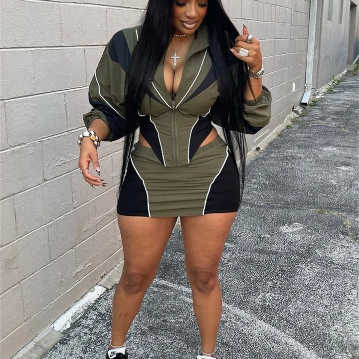 FLARORA Fashion Patchwork 2Pcs Sets Woman Long Sleeve Zipper Irregular Crop Jacket And Skinny Mini Skirts Streetwear Outfits New